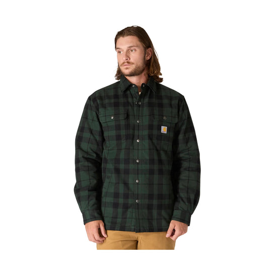Black and dark green plaid button-up shirt jacket with chest pockets and logo patch