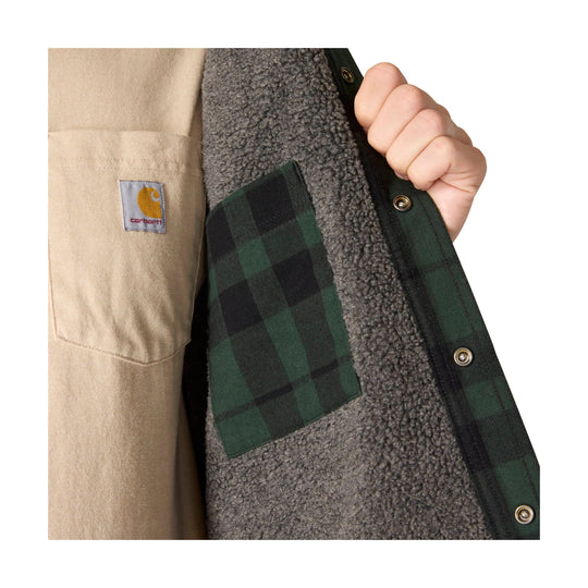 Sherpa-lined plaid shirt jacket with Carhartt logo patch