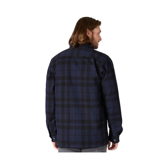 Navy and black plaid long-sleeve button-up shirt shown from the back