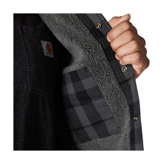 Black flannel shirt jacket with gray sherpa lining and plaid interior
