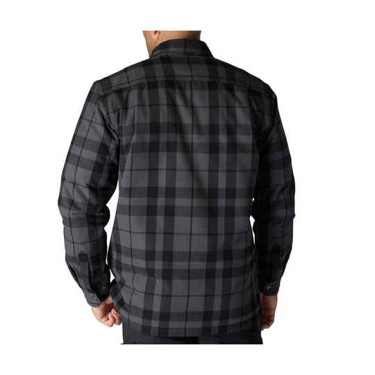 Black and gray plaid long-sleeve button-up shirt shown from the back