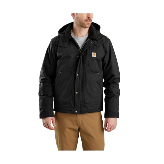 Black hooded work jacket with front pockets and logo patch