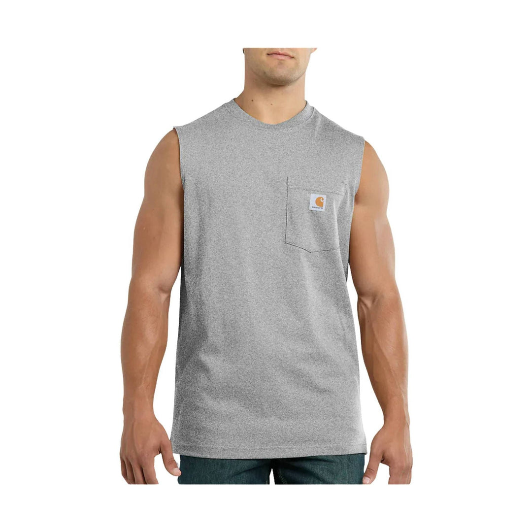 Heather gray sleeveless pocket tank top with small chest logo