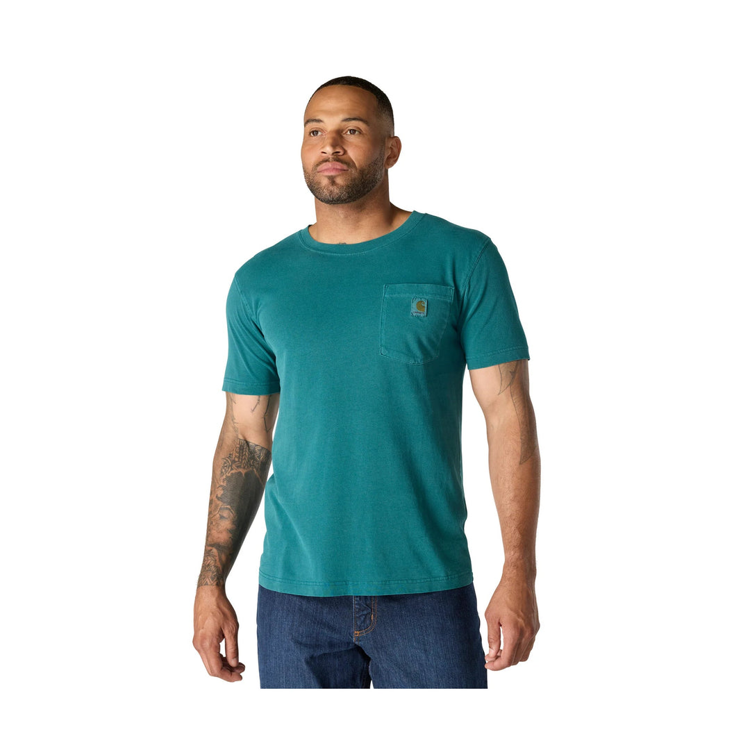 Teal short-sleeve crewneck pocket T-shirt with small chest logo patch