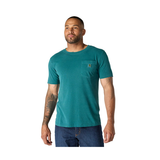 Teal short-sleeve crewneck pocket T-shirt with small chest logo patch