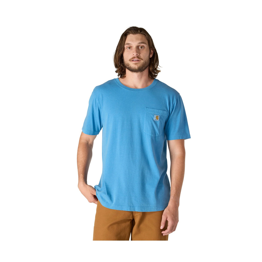 Blue short-sleeve crewneck pocket T-shirt with small chest patch, shown on a male model