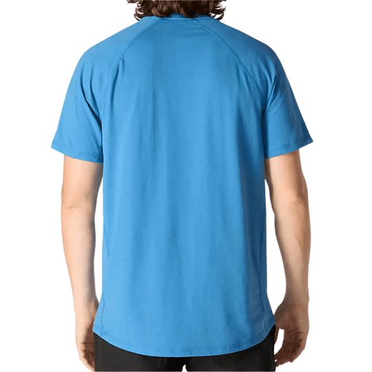 Blue short-sleeve crewneck T-shirt shown from the back
