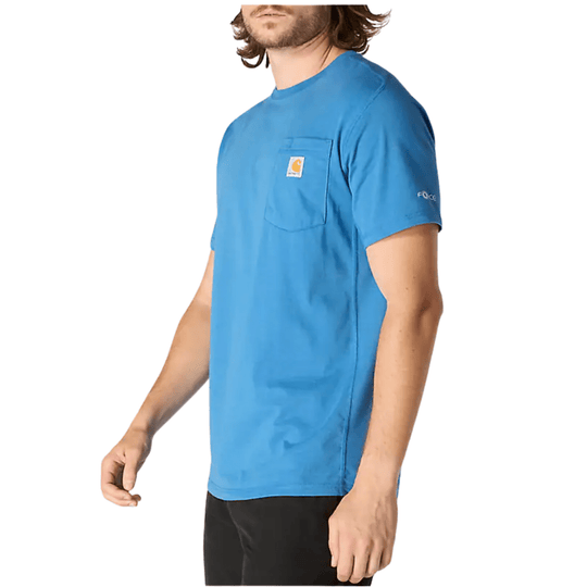 Blue short-sleeve pocket T-shirt with small chest logo patch and sleeve logo