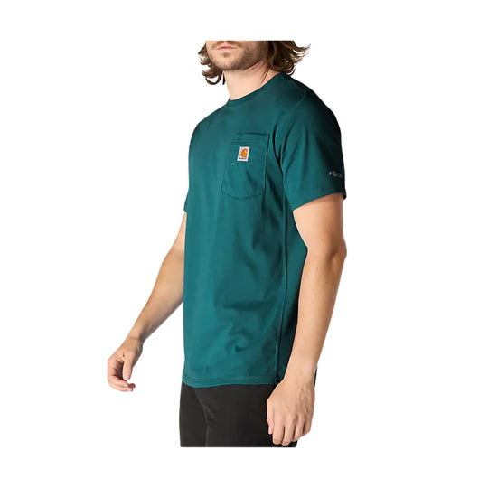 Teal short-sleeve pocket T-shirt with a chest logo patch and sleeve text