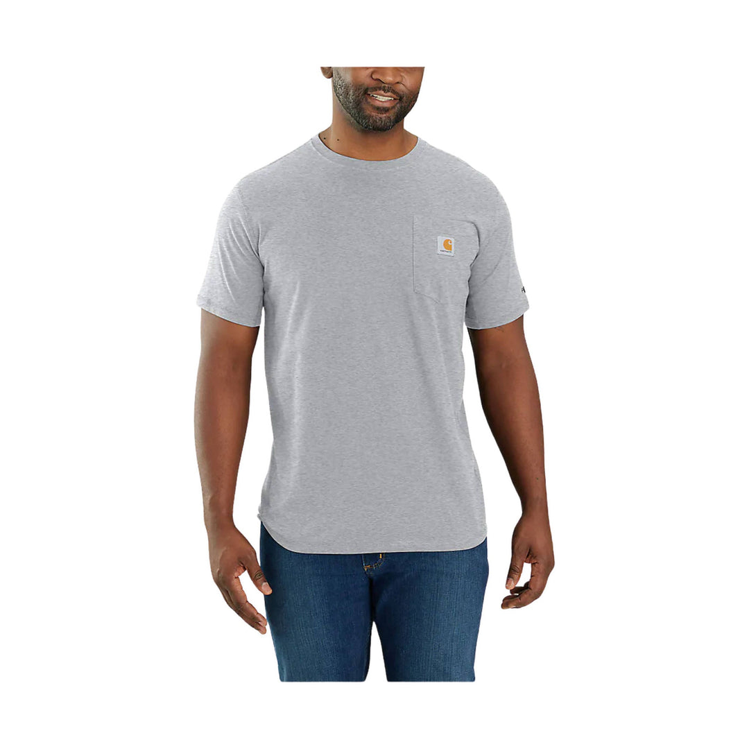 Heather gray short-sleeve pocket T-shirt with a small chest pocket and logo patch
