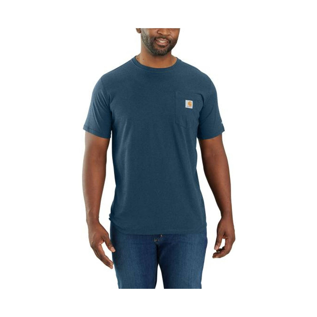 Dark blue short-sleeve crewneck T-shirt with a chest pocket and small logo patch