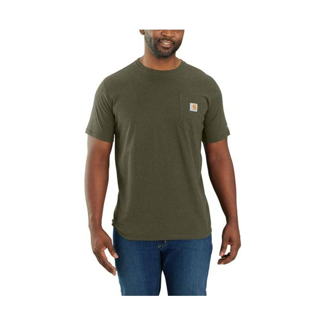 Olive short-sleeve crewneck pocket T-shirt with a small chest logo patch