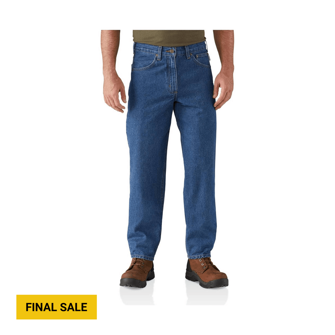 Blue straight-leg jeans worn with brown work boots, with a yellow FINAL SALE label