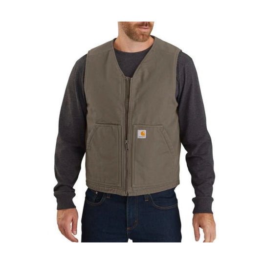 Brown work vest with front zipper, two patch pockets, and a small Carhartt logo patch