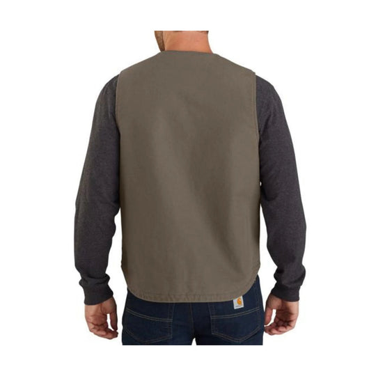 Driftwood-colored sherpa-lined vest shown from the back over a dark long-sleeve shirt.