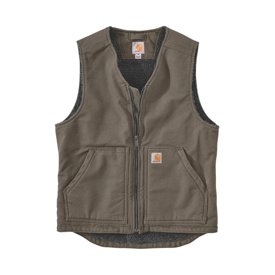 Olive zip-front sherpa-lined vest with front pockets and Carhartt logo patches
