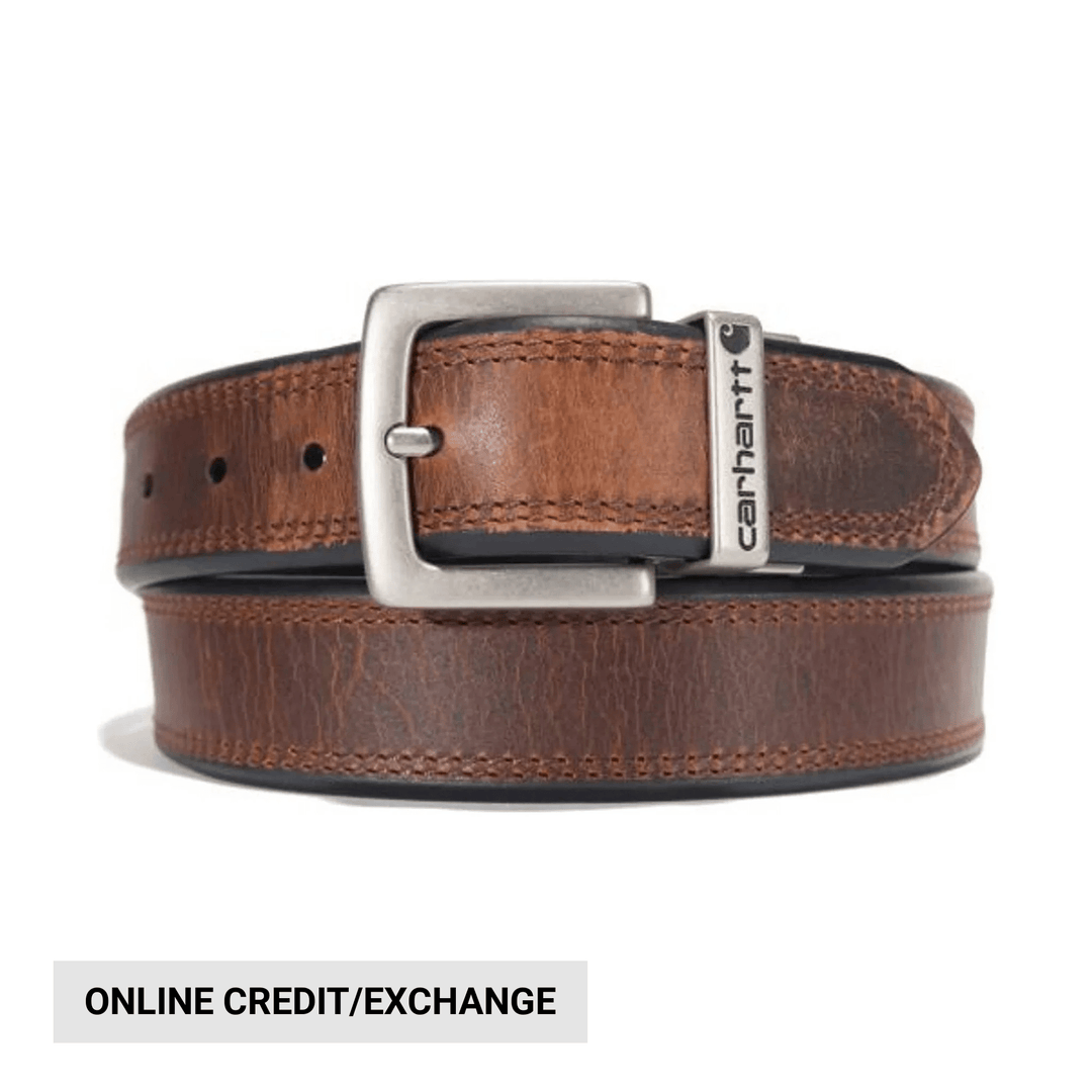 Brown leather belt with silver buckle and branded tag, shown folded