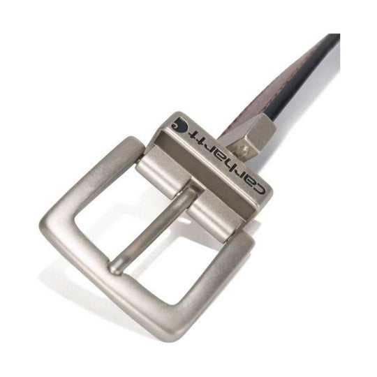 Silver reversible belt buckle with a square frame and long prong, shown at an angle