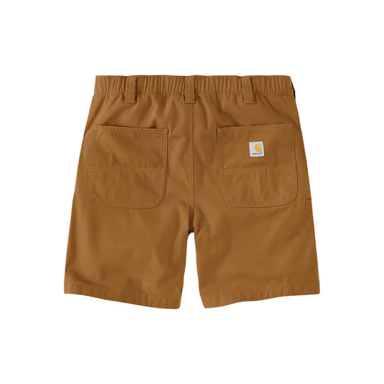 Brown canvas work shorts shown from the back with an elastic waist and large patch pockets