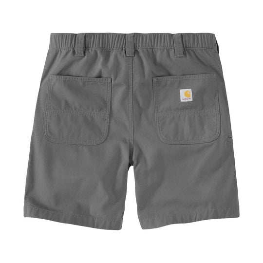 Gray canvas shorts with two back patch pockets and a small Carhartt label