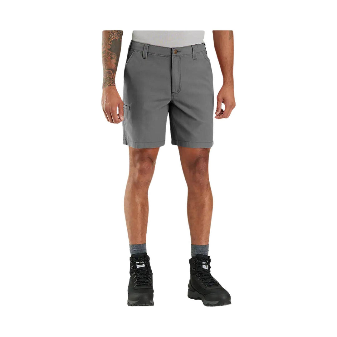 Gray relaxed-fit canvas work shorts with front pockets and belt loops