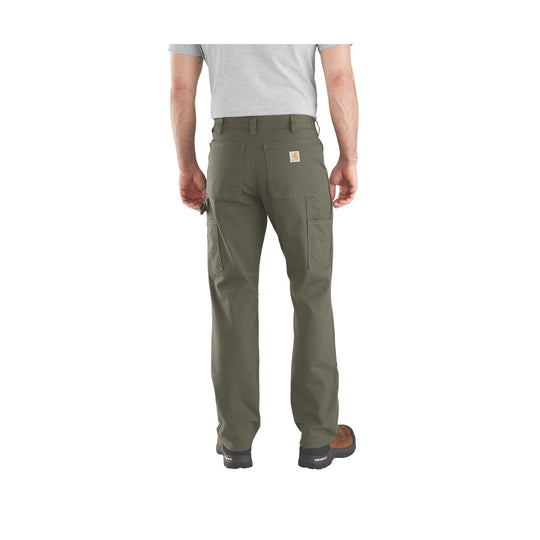Olive straight-leg work pants shown from the back with multiple pockets and a small Carhartt logo patch.