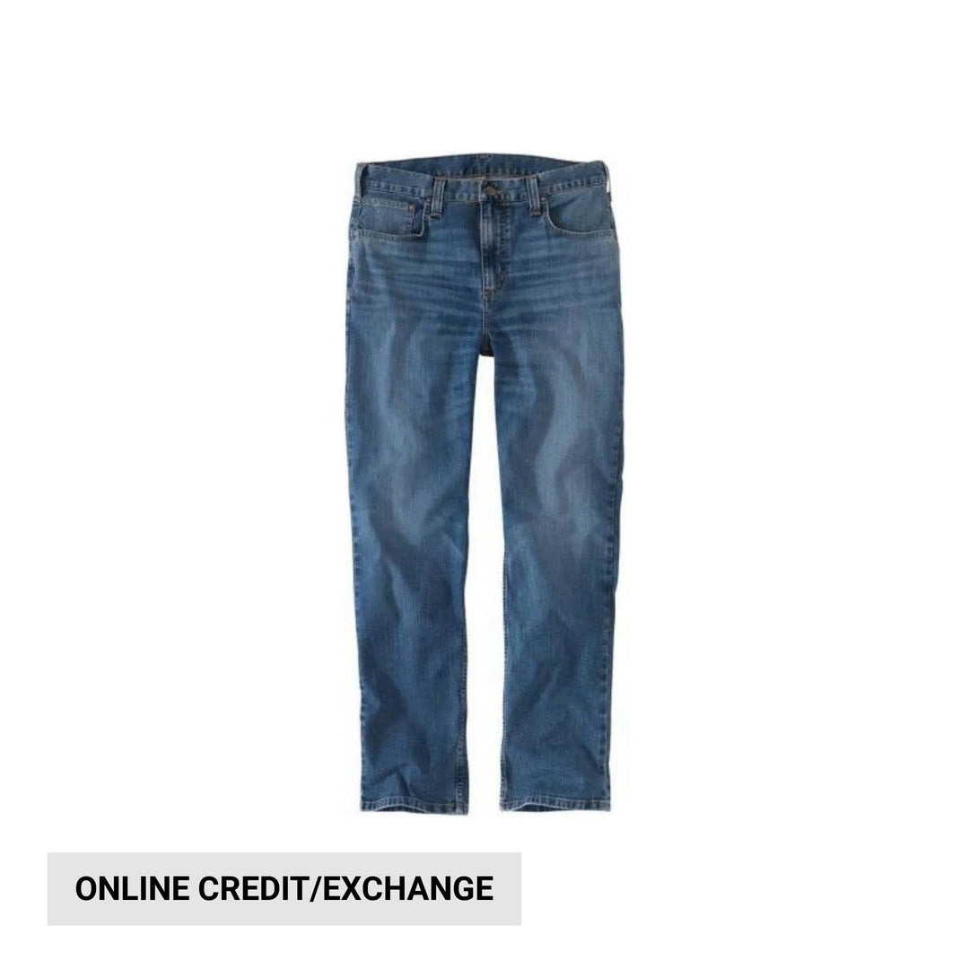 Blue five-pocket jeans shown front view on a white background