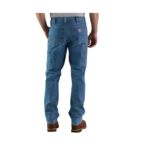 Blue straight-leg work jeans shown from the back with utility pockets and a small Carhartt label