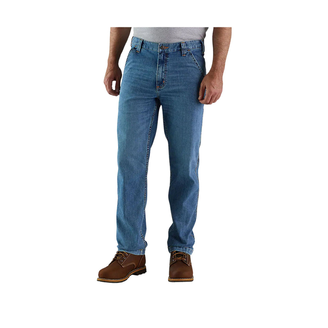 Light blue relaxed-fit jeans shown on a model with brown lace-up work boots