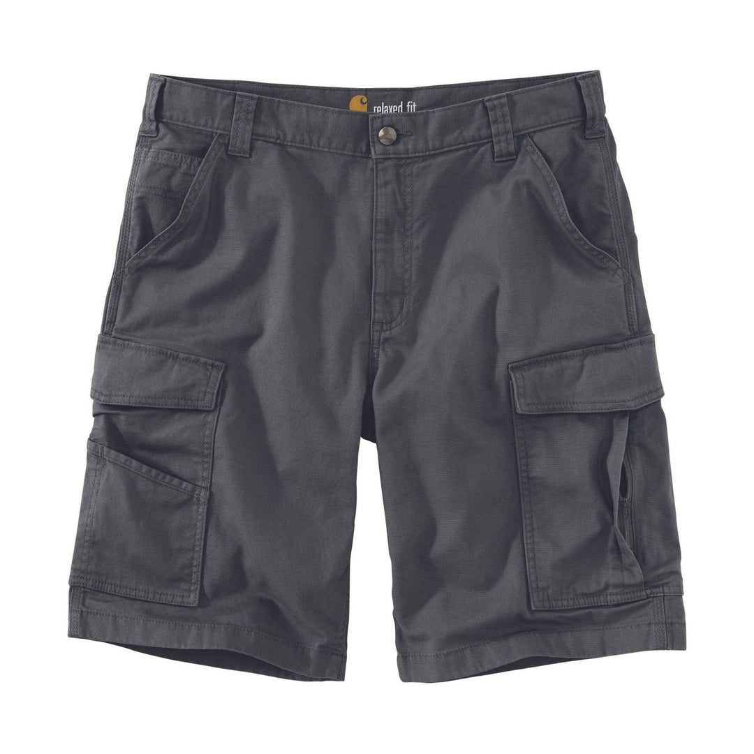 Dark gray cargo shorts with side flap pockets and visible "relaxed fit" text at the waistband.