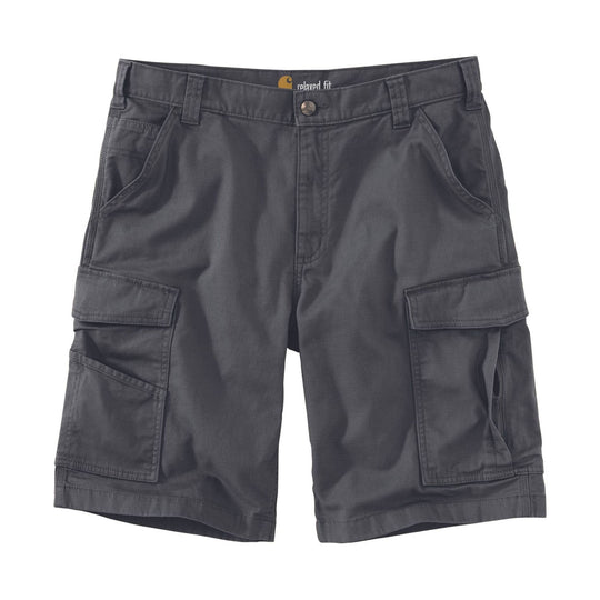 Dark gray cargo shorts with side flap pockets and visible "relaxed fit" text at the waistband.