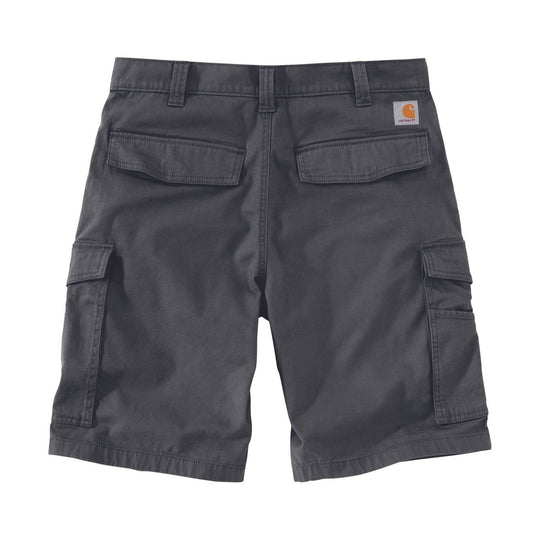 Dark gray cargo shorts with front and side flap pockets