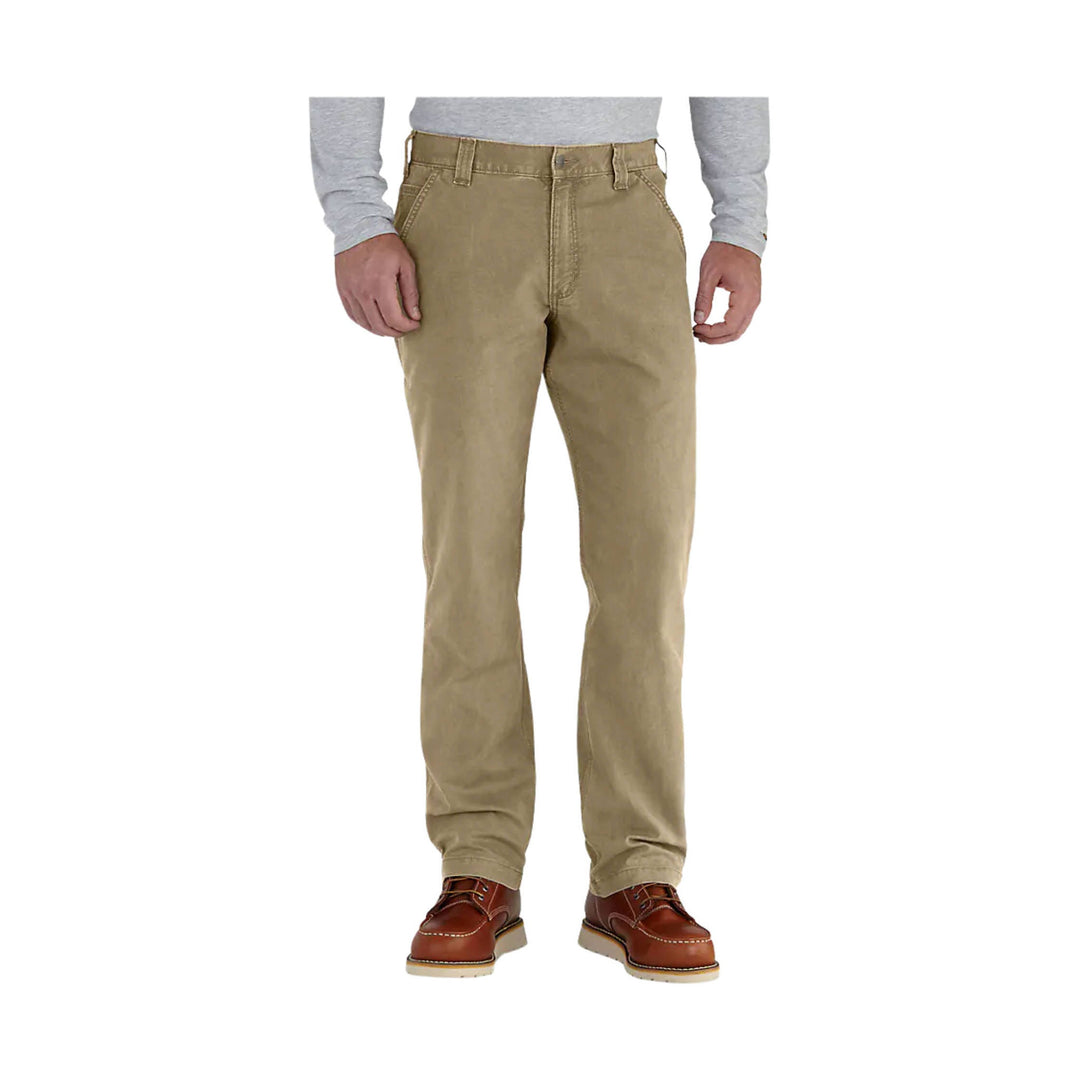 Relaxed-fit tan work pants shown on a model, front view
