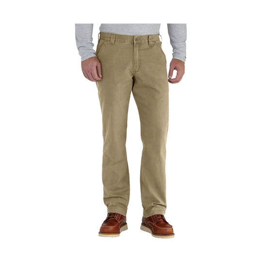 Relaxed-fit tan work pants shown on a model, front view