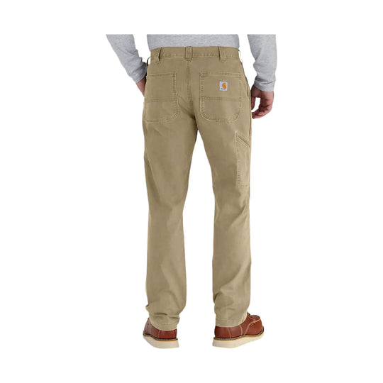 Relaxed-fit khaki work pants shown from the back with patch pockets and a logo label