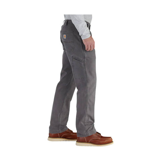 Gray relaxed-fit work pants with multiple cargo pockets, shown on a model with brown leather work shoes
