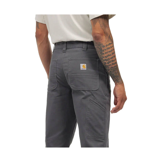 Charcoal relaxed-fit work pants with back patch pockets and a small square logo patch