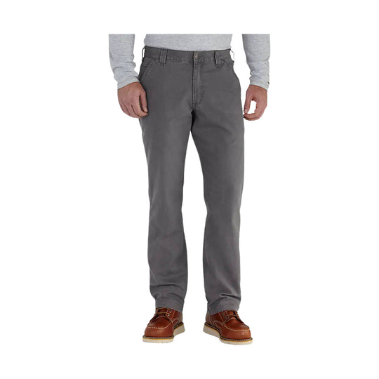Gray straight-leg work pants with belt loops, front pockets, and brown work boots