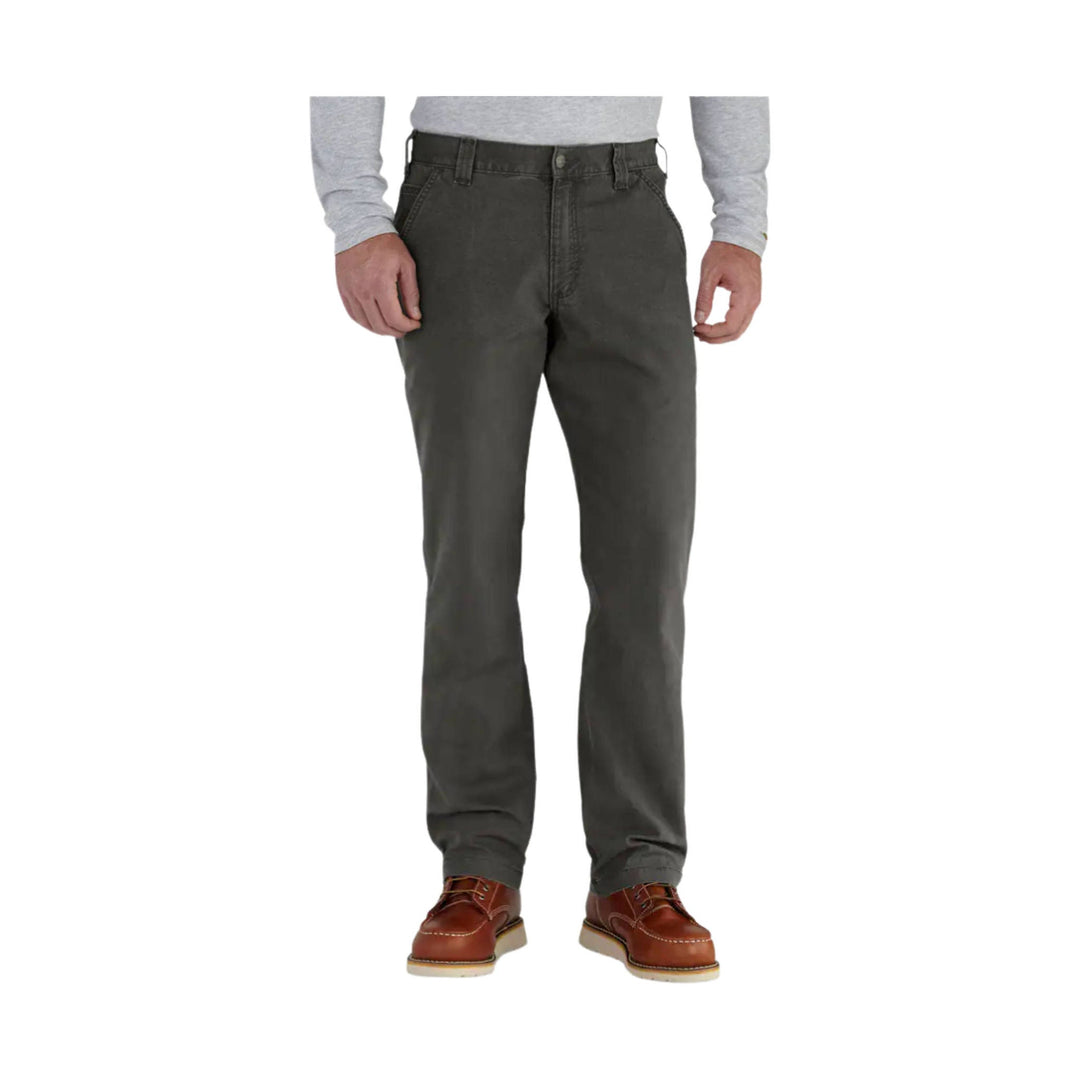 Dark gray straight-leg pants on a model