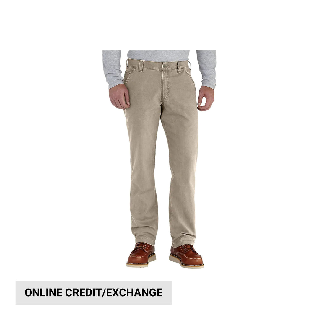 Tan relaxed-fit pants with a straight leg, shown with brown moccasin-style shoes