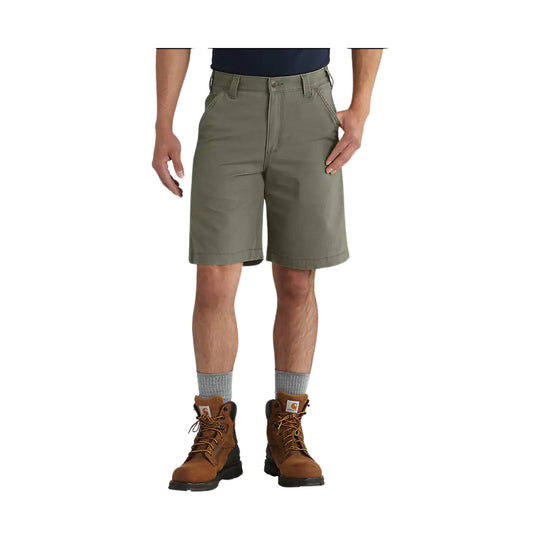 Olive knee-length work shorts on a model, shown with front pockets and belt loops