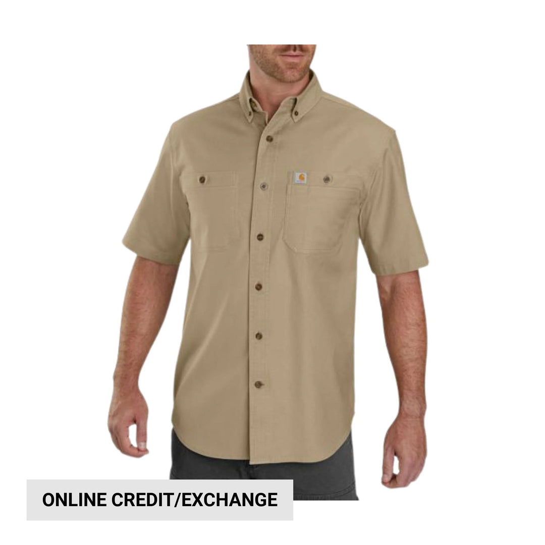 Beige short-sleeve button-up work shirt with chest pockets and a visible logo patch