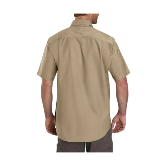 Tan short-sleeve button-up work shirt shown from the back