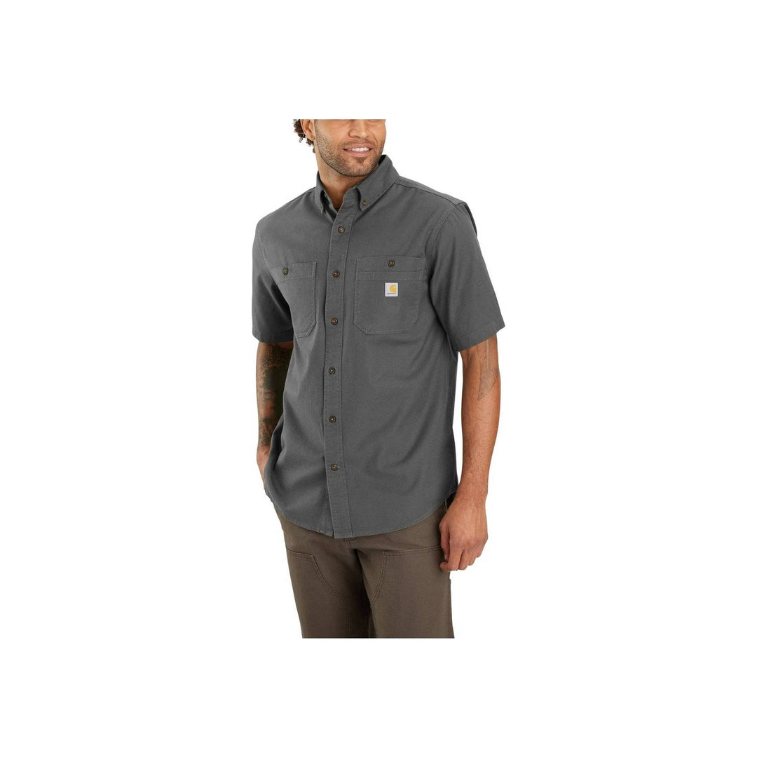 Gray short-sleeve button-up work shirt with chest pockets and a small logo patch