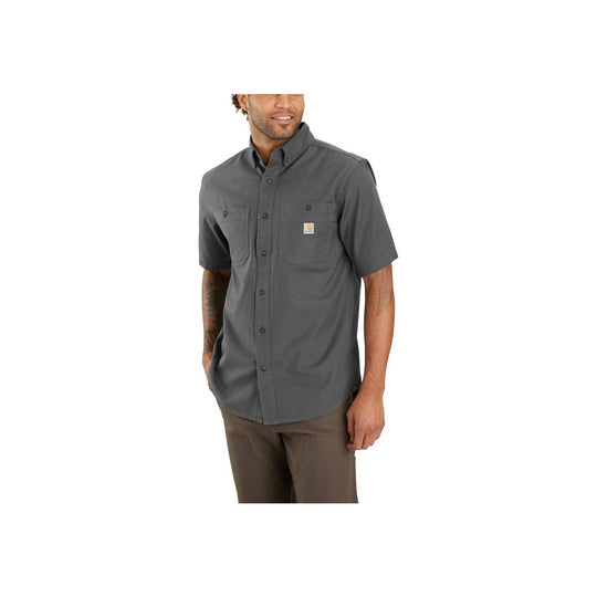 Gray short-sleeve button-up work shirt with chest pockets and a small logo patch