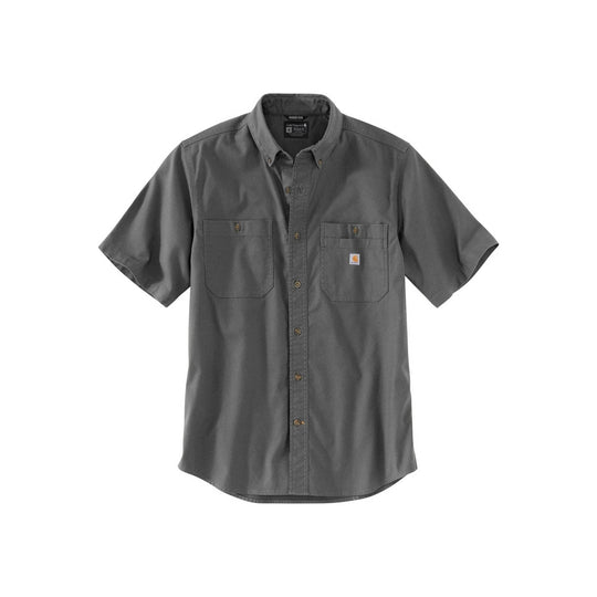 Gray short-sleeve button-up work shirt with two chest pockets and a small logo patch
