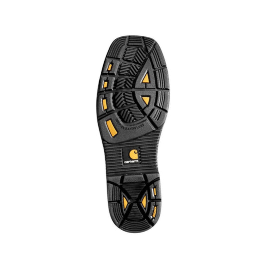 Black work boot outsole with yellow traction inserts and Carhartt logo