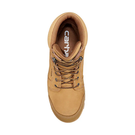 Tan lace-up work boot viewed from above with padded collar and Carhartt logo on the insole