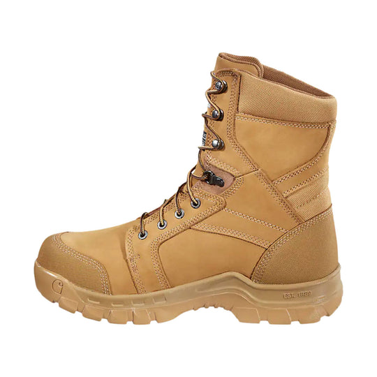 Tan lace-up work boot with a padded collar, metal eyelets, and rugged tread sole