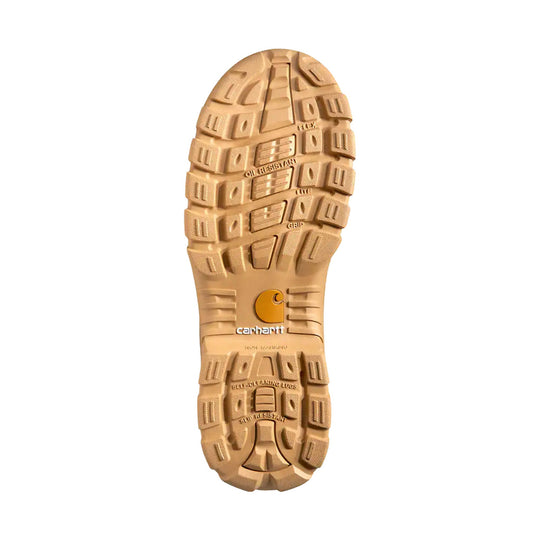 Tan boot outsole with rugged tread blocks and Carhartt logo